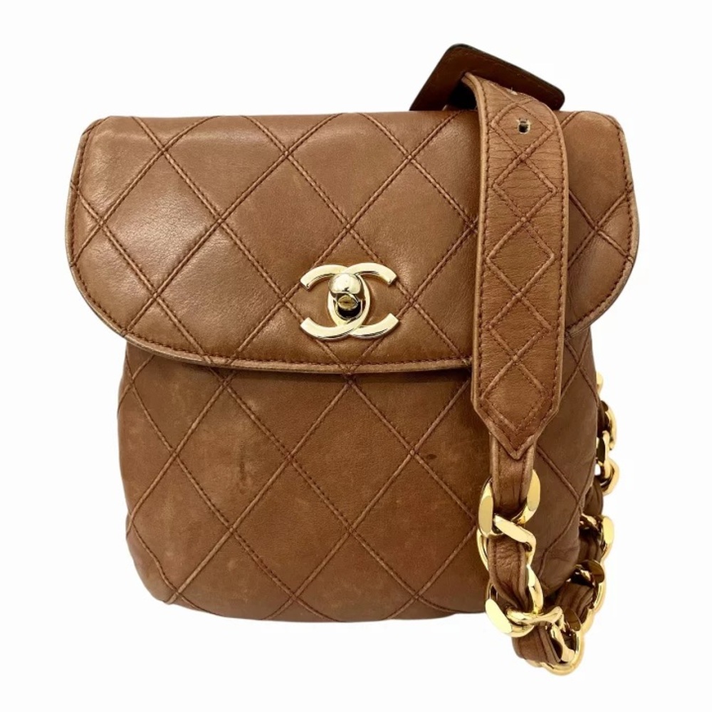 AUTHENTIC CHANEL mini wild stitch bum bag waist bag belt 75cm brown lambskin